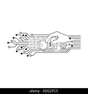 Digital Cybersecurity Concept. Hand Holding Key with Circuit Board Lines for Data Protection and Network Security. Stock Vector