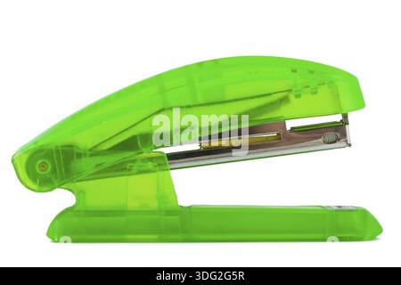 Plastic green transparent stapler isolated on white background Stock Photo