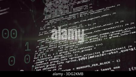 Displaying monospaced source code column at workstation, showing translucent binary digit overlays Stock Photo