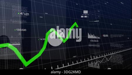Displaying bright green trend line climbing across dark 3D grid plane, showing numeric readouts Stock Photo