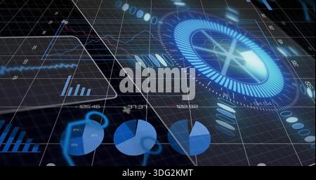 Displaying large circular radial gauge pulsing on right of virtual grid, with pie, bar, line charts Stock Photo