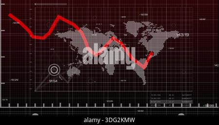 Displaying dotted gray world map sweeping across digital dashboard, with red trend line and target Stock Photo