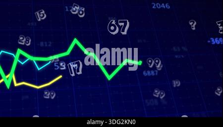 Displaying neon green trend line climbing and dipping across dark blue grid, with numeric overlays Stock Photo