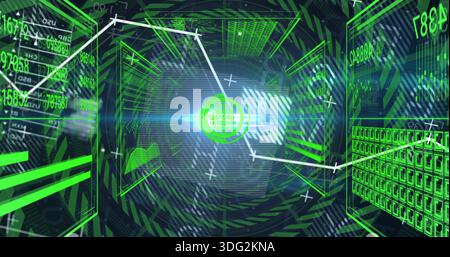 Pulsing central glowing circular hub projecting lines in simulated digital corridor, with UI panels Stock Photo