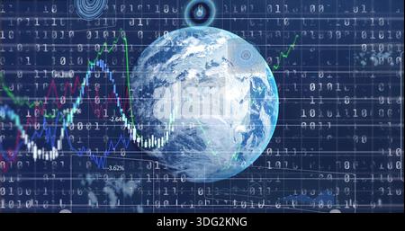 Rotating rendered Earth globe showing colored financial charts in virtual grid, with binary overlay Stock Photo