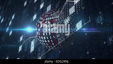 Rotating binary sphere of 0s and 1s, intersecting wireframe cube in data grid, blue streaks Stock Photo
