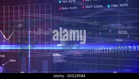 Displaying digital HUD highlighting blue beam and binary stream on virtual screen, with map nodes Stock Photo