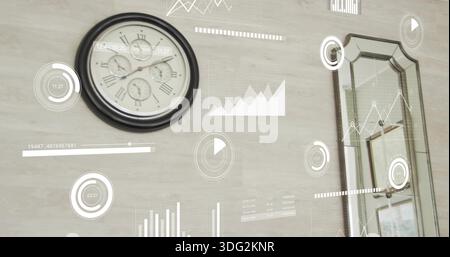 Displaying round analog wall clock ticking on light wood wall, with mirrored doorway and overlays Stock Photo
