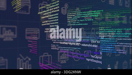 Floating layered highlighted code panels tilting in dark blue grid, with repeating icons Stock Photo