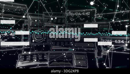 Floating central HUD panels connecting via dotted cyan data stream in dark virtual network Stock Photo