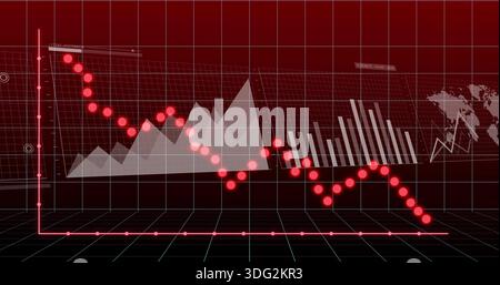 Displaying red dotted downward line with glowing points on 3D grid in virtual dashboard Stock Photo