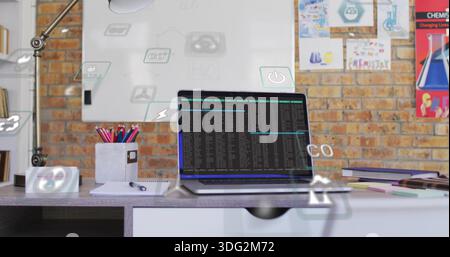 Projecting open laptop showing terminal and holographic overlays on light desk, lamp and pencils Stock Photo