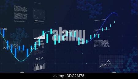 Displaying market panel showing candlestick bars and smooth trend line on dark grid, with labels Stock Photo