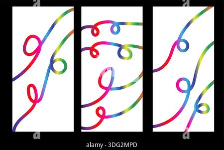 Abstract triptych wall art with colorful flowing line composition Stock Vector