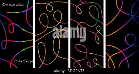 Decorative abstract poster set with glowing colorful line patterns Stock Vector