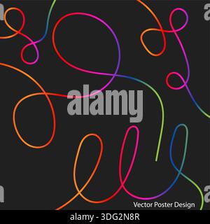 Minimal dark poster background with dynamic neon flowing line art Stock Vector