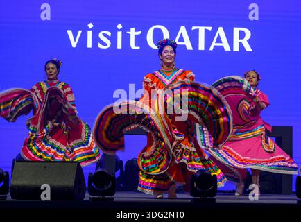 Doha, Qatar. 14th Jan, 2026. Mexican artists perform during the 15th Qatar International Food Festival at the 974 Stadium in Doha, Qatar.The Food Festival runs until Jan. 24 (Photo by Noushad VARIYATTIYAKKAL/SOPA Images/Sipa USA) Credit: Sipa USA/Ģ����ý Live News Stock Photo