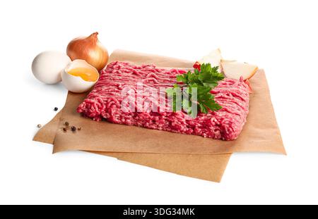Fresh ground meat with parsley, onion and eggs on white background Stock Photo