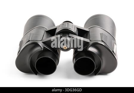 Modern black binoculars on white background Stock Photo