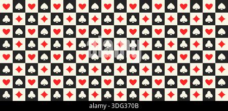 Seamless playing cards pattern. Repeating spades, hearts, diamonds, clubs symbols background. Poker or casino table theme wallpaper. Repeated Vegas gambling concept texture. Vector Stock Vector