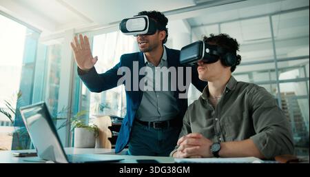 Business, people and meeting with vr headset in office for training, simulation and developer. Men, demonstration and virtual reality tech for Stock Photo