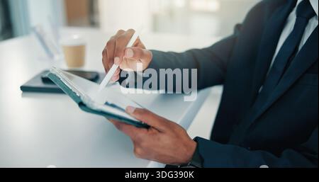 Sign, online and hands with tablet, office and real estate agent with purchase agreement on website. Digital, approval and person with tech for Stock Photo