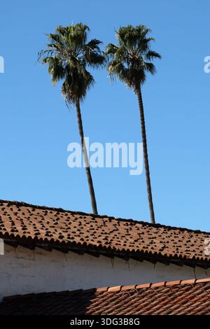 Two tall palm trees rising above a red clay tile roof against a clear blue sky, showing Spanish-style architecture in Santa Barbara, California, USA. Stock Photo