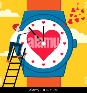 Time for love - art concept with classic wristwatch, red heart inside and arrows indicating time. Vector cartoon design with clock love Stock Vector