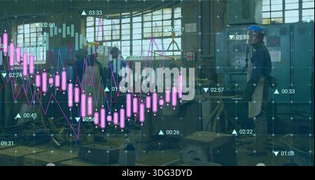 Checking man on right in blue helmet, apron using panel at factory, candlestick chart, copy space Stock Photo