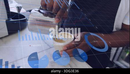 Tilting steel pitcher, barista in dark apron creating latte art at marble counter, holographic data Stock Photo