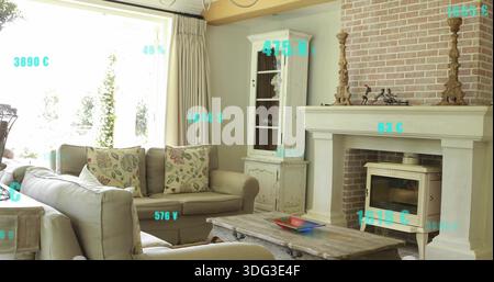 Featuring beige sofa with floral pillows in living room, displaying fireplace and turquoise overlay Stock Photo