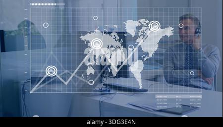 Displaying digital overlay dominating office, with laptops and papers and headset, suited coworkers Stock Photo