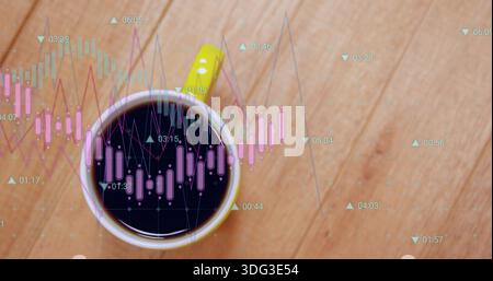 Showing yellow-handled ceramic mug holding black coffee on light wooden table, with chart overlays Stock Photo
