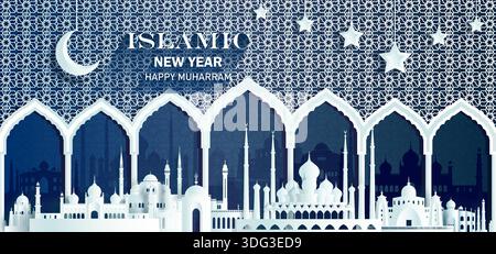 Celebration anniversary Islamic happy new year of Muslim, Happy new year muslim with pattern design background with mosaic mosque pattern for muharram Stock Vector