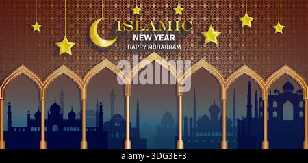 Celebration anniversary Islamic happy new year of Muslim, Pattern golden design background with mosaic mosque copper pattern for muharram, ramadan, Ha Stock Vector
