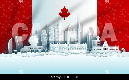 Illustration Anniversary celebration Canada day in maple leaf flag background with Travel landmarks architecture of Canada in Toronto and Ontario, in Stock Vector