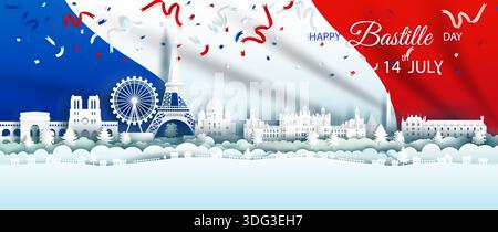 Illustration Anniversary celebration happy independence france day in background france flag, Travel landmarks architecture of french in paris and eif Stock Vector