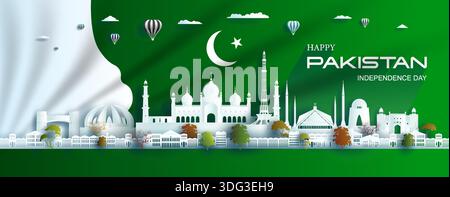 Illustration Anniversary celebration pakistan day with green flag background. Travel landmarks city architecture of pakistan in islamabad and lahore, Stock Vector