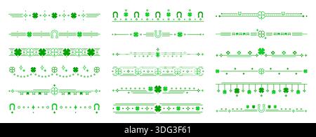 Shamrock clover dividers and border frames of st Patrick day holiday. Vector set of green decorative trims with shamrocks, clovers, swirls, hearts and horseshoes. Festive ornaments, Celtic patterns Stock Vector
