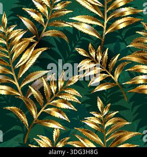 Seamless pattern of gold, jewelry, shiny fern branches and leaves on green, woodland, textured background. Golden fern. Stock Vector