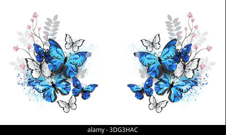 Symmetrical composition of blue and white morpho butterflies with iridescent, textured wings, perched on decorative twigs. Butterfly design. Stock Vector
