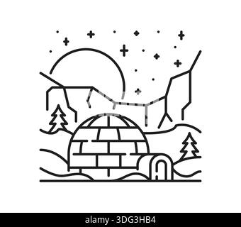 Alaska igloo landscape line icon or sign. Northern nature scenery thin line vector sign, antarctica environment outline icon. Alaska landscape lineart symbol or pictogram with igloo house, starry sky Stock Vector