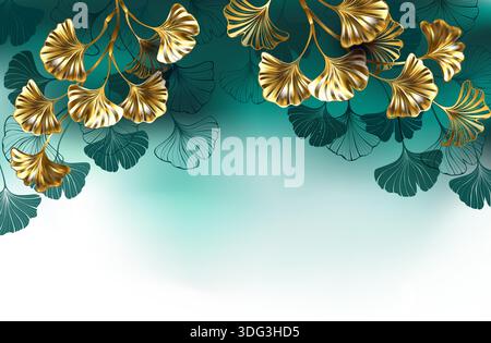 Ginkgo biloba branches with golden, shiny, and translucent green leaves on light green background. Golden Ginkgo Biloba. Stock Vector