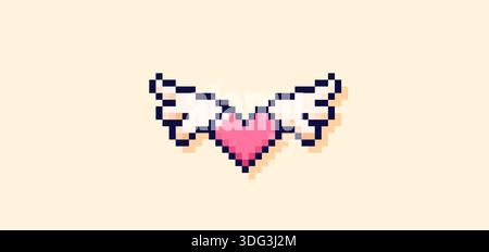 Pixel art pink heart with white angel wings. Stock Vector