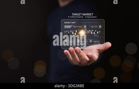 Target market on a businessman hand. Marketing strategy, customer segmentation, audience segment, data analytics, user targeting, business intelligenc Stock Photo