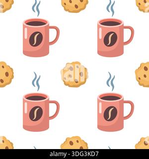Pink mug of coffee, tea, hot chocolate, cocoa with Chocolate Chip Cookie seamless pattern. Cartoon vector illustration. Hand drawn cup with steam and coffee bean illustration on it Stock Vector