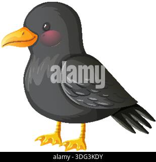 Vector illustration of a cute black crow with orange beak, yellow feet, and glossy feathers Stock Vector