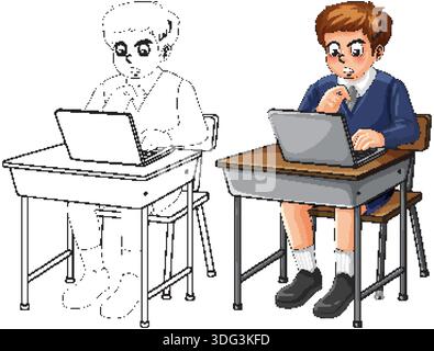 Cartoon schoolboy in uniform working on laptop at desk, colored and outline versions Stock Vector
