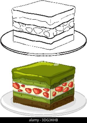 Green tea cake with strawberry layers shown in colored vector and black line art styles Stock Vector
