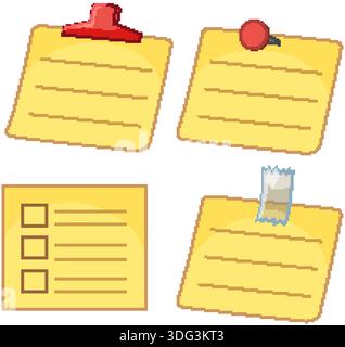 Four yellow note paper illustrations with red clip, push pin, tape, and checklist boxes Stock Vector